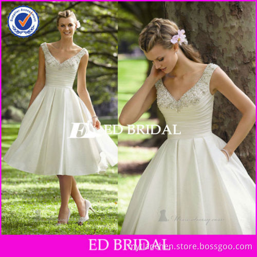 rsw088 2013 new style V neckline ruffled bodice satin tea length wedding dresses